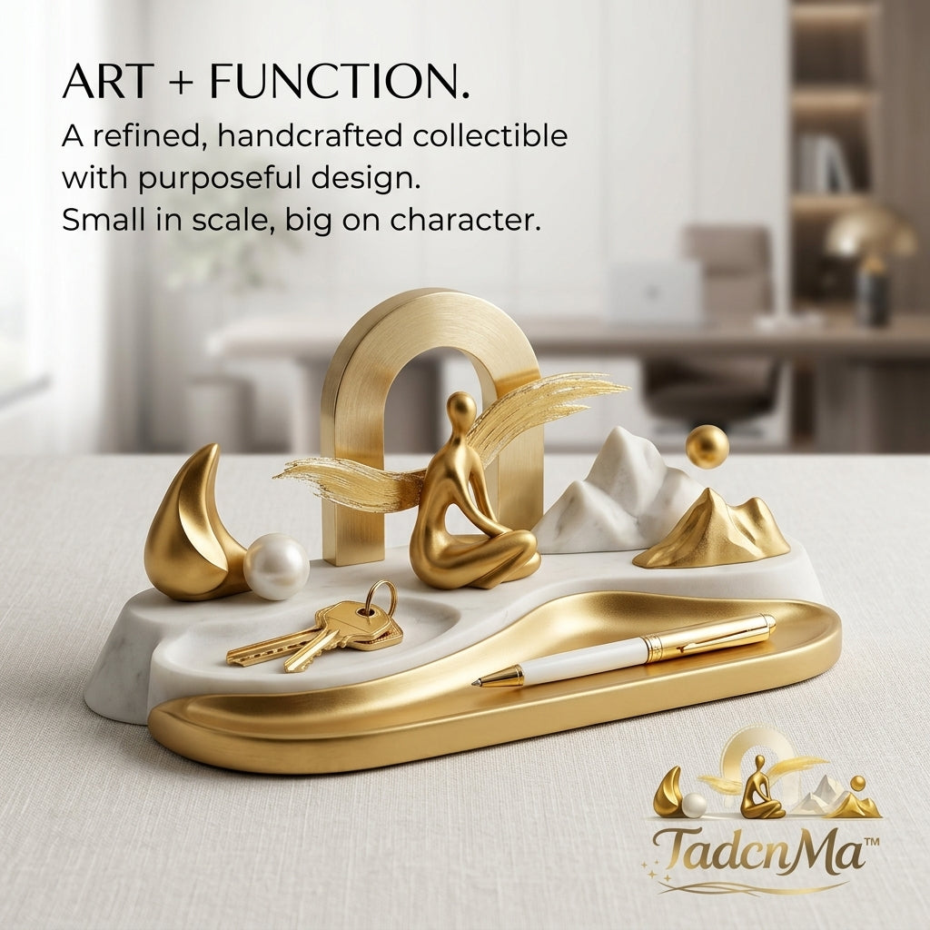 TadcnMa™ Luxury Gold and Marble Desk Organizer - Modern Abstract Art Valet Tray, Key Holder for Entryway Table, Aesthetic Pen Tray & Decorative Winged Angel Sculpture, Unique Executive Office Desktop Decor & Gift