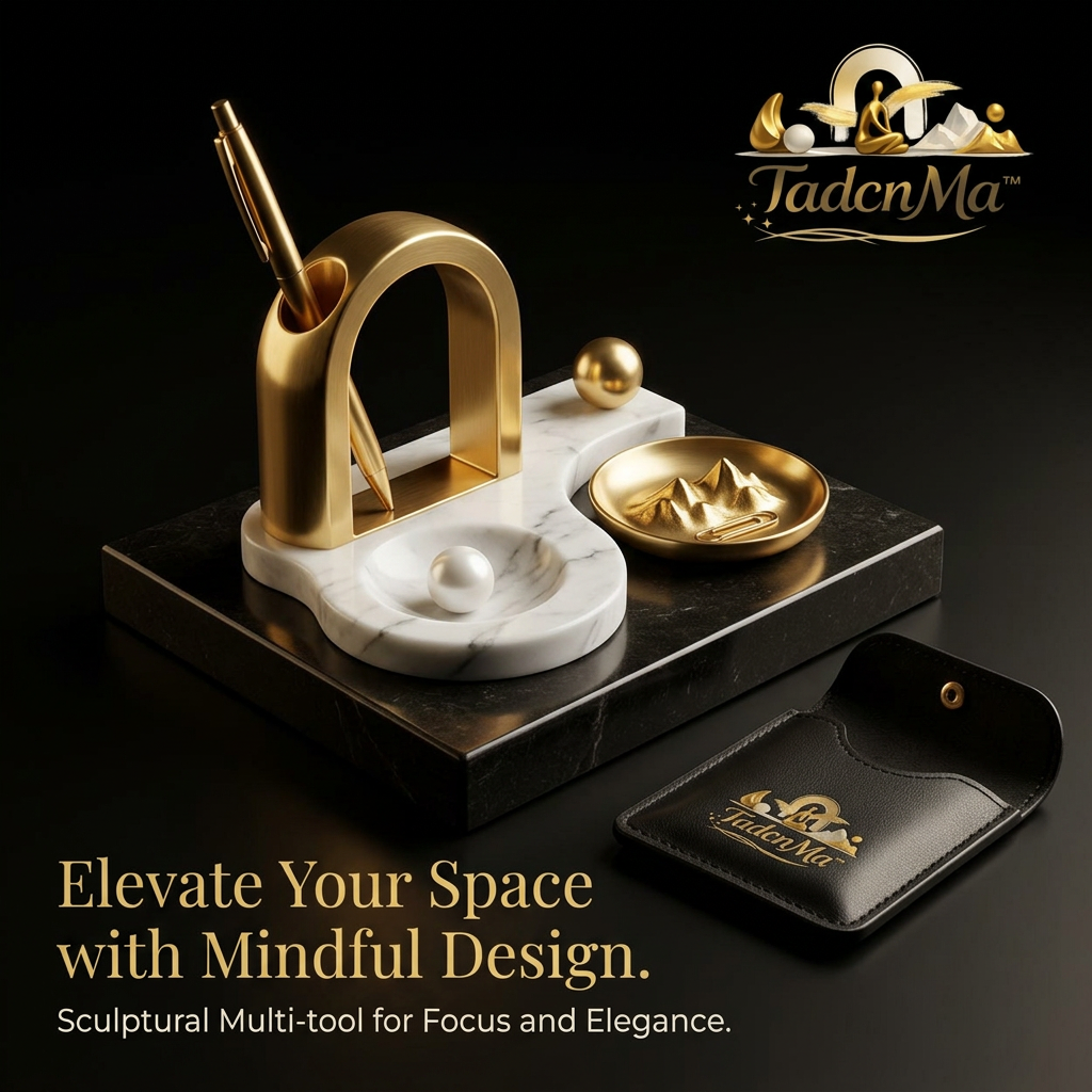 TadcnMa™ Luxury Marble Desk Organizer and Pen Holder | Modern Sculptural Zen Office Decor | Aesthetic Gold Desk Accessory Set with Executive Gift Leather Pouch