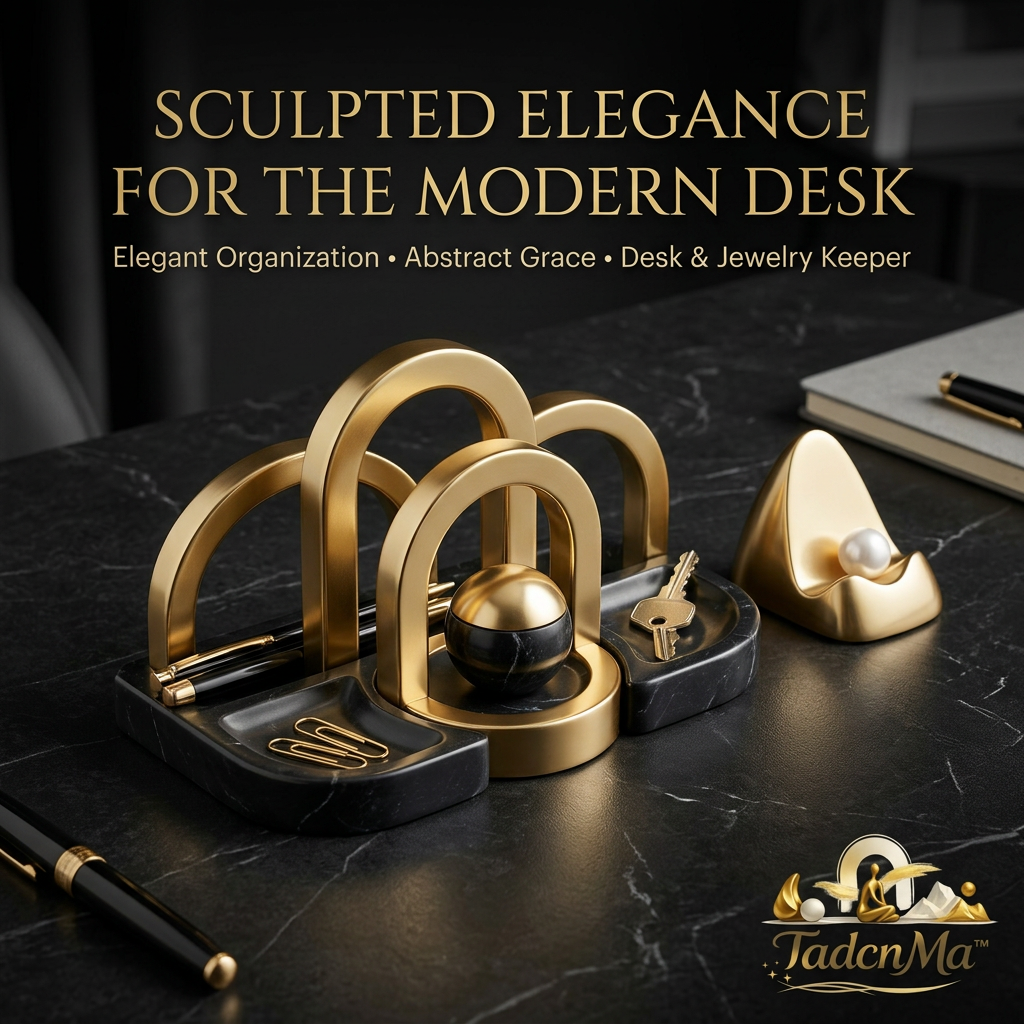 TadcnMa™ Luxury Gold & Black Marble Desk Organizer Set | Modern Sculptural Executive Office Desk Accessories | Aesthetic Letter Holder, Jewelry Tray, Key Keeper & Vanity Organizer Gift