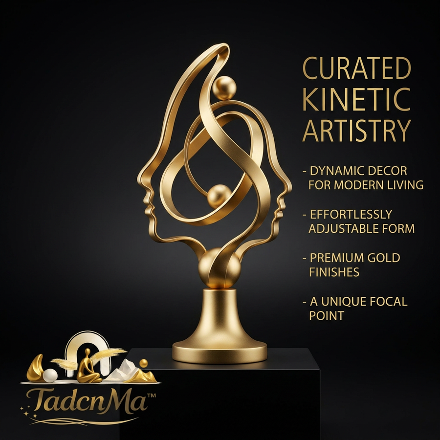 TadcnMa™ Gold Abstract Face Sculpture - Modern Kinetic Tabletop Decor, Effortlessly Adjustable Rotating Metal Statue, Luxury Living Room Centerpiece, Bookshelf & Office Desk Accent Ornament, Unique Housewarming Gift