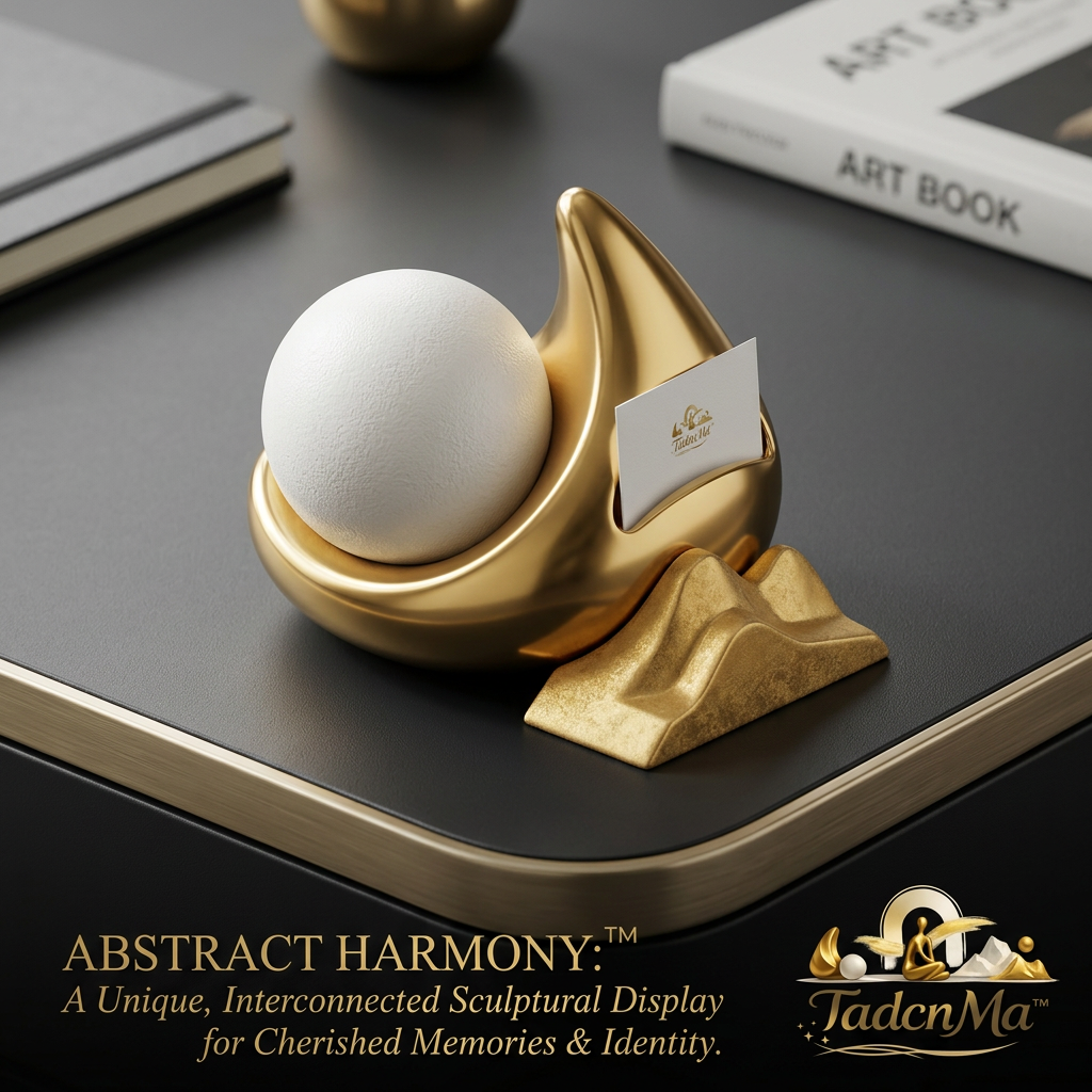 TadcnMa™ Abstract Harmony™ Luxury Business Card Holder & Desk Sculpture | Modern Gold Office Decor, Textured Sphere Paperweight, Zen Tabletop Art Ornament for Executive Office & Home Studio